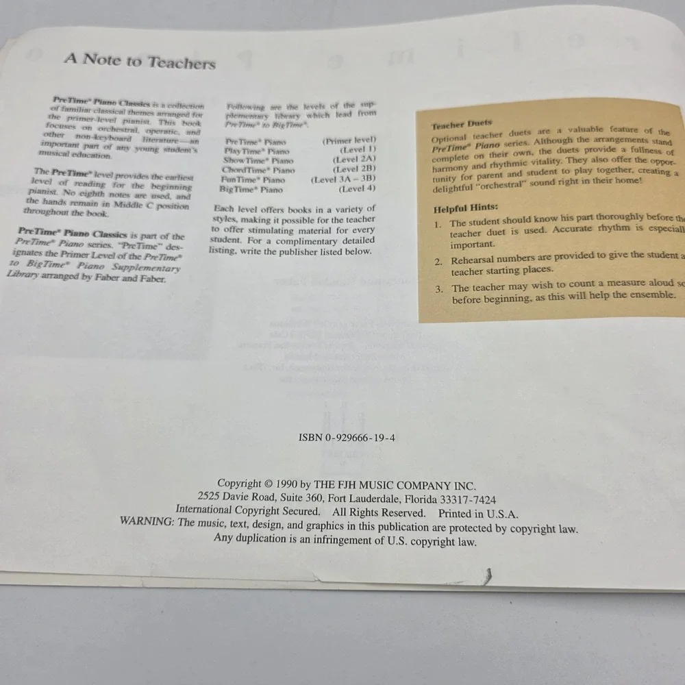 Pretime Piano Classics - Primer Level by Faber & Faber 1990 Piano Book